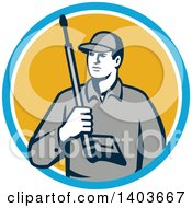 Poster, Art Print Of Retro Male Pressure Washer Worker Holding A Washing Gun In A Blue White And Yellow Circle