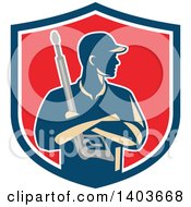 Clipart Of A Retro Male Pressure Washer Worker Holding A Washing Gun In Folded Arms In A Blue White And Red Shield Royalty Free Vector Illustration