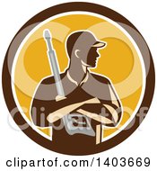 Poster, Art Print Of Retro Male Pressure Washer Worker Holding A Washing Gun In Folded Arms In A Brown White And Yellow Circle