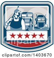 Poster, Art Print Of Retro Male Pressure Washer Worker Standing With A Wand Over His Shoulder With Big Rig Trucks Over A Banner With Stars