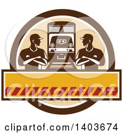 Poster, Art Print Of Retro Male Engineer Workers With Folded Arms Looking At Each Other By A Train In A Brown Circle