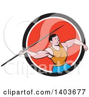 Poster, Art Print Of Retro Cartoon Male Track And Field Javelin Thrower In A Black White And Red Circle
