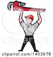 Clipart Of A Retro Cartoon White Male Plumber Holding Up A Giant Monkey Wrench Royalty Free Vector Illustration