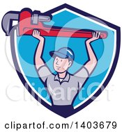 Poster, Art Print Of Retro Cartoon White Male Plumber Holding Up A Giant Monkey Wrench In A Blue And White Shield
