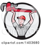 Poster, Art Print Of Retro Cartoon White Male Plumber Holding Up A Giant Monkey Wrench In A Black And Gray Circle