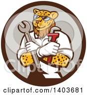 Leopard Plumber Or Mechanic Holding Spanner And Monkey Wrenches In Folded Arms In A Circle