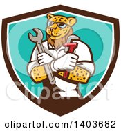 Leopard Plumber Or Mechanic Holding Spanner And Monkey Wrenches In Folded Arms In A Brown White And Turquoise Shield