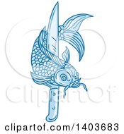 Poster, Art Print Of Sketched Blue Koi Fish With A Knife