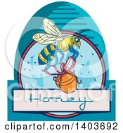Clipart Of A Sketched Design Of A Worker Bee Flying With A Honey Jar Royalty Free Vector Illustration