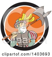 Retro Cartoon Spanish Conquistador Carrying A Sword And Axe In A Black White And Orange Circle