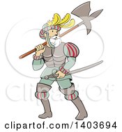Retro Cartoon Spanish Conquistador Carrying A Sword And Axe