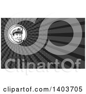 Clipart Of A Retro Black And White Sea Captain Smoking A Pipe And Gray Rays Background Or Business Card Design Royalty Free Illustration