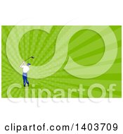 Poster, Art Print Of Rear View Of A Cartoon White Male Golfer Swinging And Green Rays Background Or Business Card Design