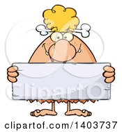 Cartoon Clipart Of A Cave Woman Holding A Blank Stone Sign Royalty Free Vector Illustration