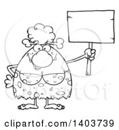 Poster, Art Print Of Black And White Lineart Cave Woman Holding Up A Blank Sign