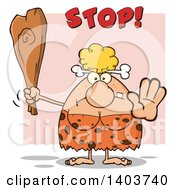 Poster, Art Print Of Cave Woman Holding A Club And Gesturing Stop Over Pink