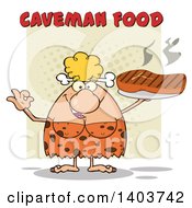 Poster, Art Print Of Cave Woman Serving A Grilled Beef Steak And Gesturing Ok On Tan