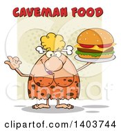 Cartoon Clipart Of A Cave Woman Holding A Cheeseburger On Tan Royalty Free Vector Illustration