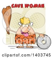 Cartoon Clipart Of A Creative Cave Woman Holding A Club By A Stone Wheel On Tan Royalty Free Vector Illustration