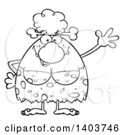 Cartoon Clipart Of A Black And White Lineart Friendly Cave Woman Waving Royalty Free Vector Illustration