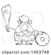 Poster, Art Print Of Black And White Lineart Creative Cave Woman Holding A Club By A Stone Wheel