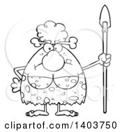 Cartoon Clipart Of A Black And White Lineart Mad Cave Woman With A Spear Royalty Free Vector Illustration