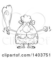 Cartoon Clipart Of A Black And White Lineart Mad Cave Woman Waving A Fist And Club Royalty Free Vector Illustration