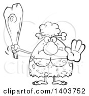 Cartoon Clipart Of A Black And White Lineart Cave Woman Holding A Club And Gesturing Stop Royalty Free Vector Illustration