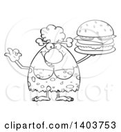 Poster, Art Print Of Black And White Lineart Cave Woman Holding A Cheeseburger
