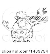 Poster, Art Print Of Black And White Lineart Cave Woman Serving A Grilled Beef Steak And Gesturing Ok