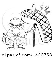 Cartoon Clipart Of A Black And White Lineart Cave Woman With A Grilled Steak On A Spear Royalty Free Vector Illustration