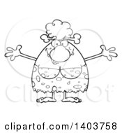 Cartoon Clipart Of A Black And White Lineart Loving Cave Woman With Open Arms Royalty Free Vector Illustration