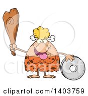 Cartoon Clipart Of A Creative Cave Woman Holding A Club By A Stone Wheel Royalty Free Vector Illustration