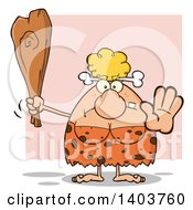 Cartoon Clipart Of A Cave Woman Holding A Club And Gesturing Stop Over Pink Royalty Free Vector Illustration