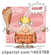 Cartoon Clipart Of A Mad Cave Woman Yelling Waving A Fist And Club On Pink Royalty Free Vector Illustration