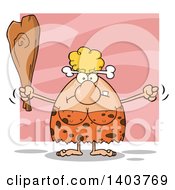 Cartoon Clipart Of A Mad Cave Woman Waving A Fist And Club On Pink Royalty Free Vector Illustration