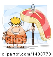 Cartoon Clipart Of A Cave Woman With A Raw Steak On A Spear On Blue Royalty Free Vector Illustration