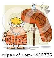 Cartoon Clipart Of A Cave Woman With A Grilled Steak On A Spear On Tan Royalty Free Vector Illustration