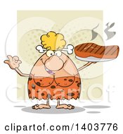 Poster, Art Print Of Cave Woman Serving A Grilled Beef Steak And Gesturing Ok On Tan