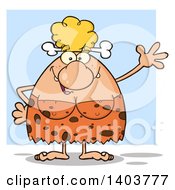 Cartoon Clipart Of A Friendly Cave Woman Waving Over Blue Royalty Free Vector Illustration
