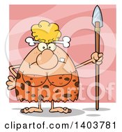 Cartoon Clipart Of A Mad Cave Woman With A Spear On Pink Royalty Free Vector Illustration