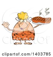 Poster, Art Print Of Cave Woman Serving A Grilled Beef Steak And Gesturing Ok