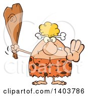 Cartoon Clipart Of A Cave Woman Holding A Club And Gesturing Stop Royalty Free Vector Illustration