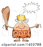 Cartoon Clipart Of A Mad Cave Woman Yelling Waving A Fist And Club Royalty Free Vector Illustration