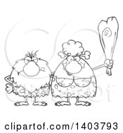Cartoon Clipart Of A Black And White Lineart Caveman And Woman Couple Royalty Free Vector Illustration