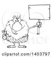 Poster, Art Print Of Black And White Lineart Caveman Mascot Character Holding Up A Blank Sign