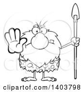 Cartoon Clipart Of A Black And White Lineart Mad Caveman Mascot Character Holding A Spear And Gesturing Stop Royalty Free Vector Illustration