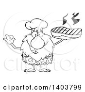 Poster, Art Print Of Black And White Lineart Chef Caveman Mascot Character Holding A Grilled Beef Steak