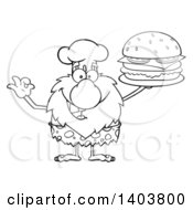 Poster, Art Print Of Black And White Lineart Chef Caveman Mascot Character Holding A Cheeseburger
