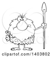 Cartoon Clipart Of A Black And White Lineart Mad Caveman Mascot Character Standing With A Spear Royalty Free Vector Illustration